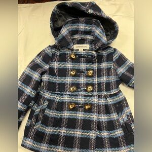 London Fog girls Plaid Pea Coat - Blue & Purple lined attached hood 6/6X pockets